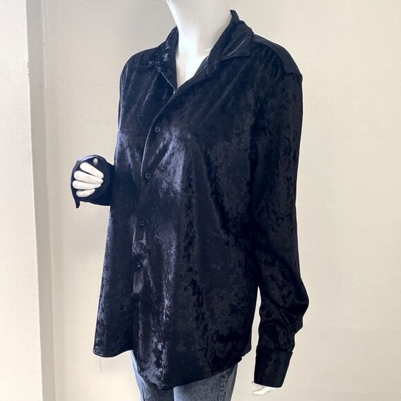 Zara Oversized Black Velvet Women's Long Sleeve Button Down Shirt 90s Vampy Goth - Picture 2 of 6